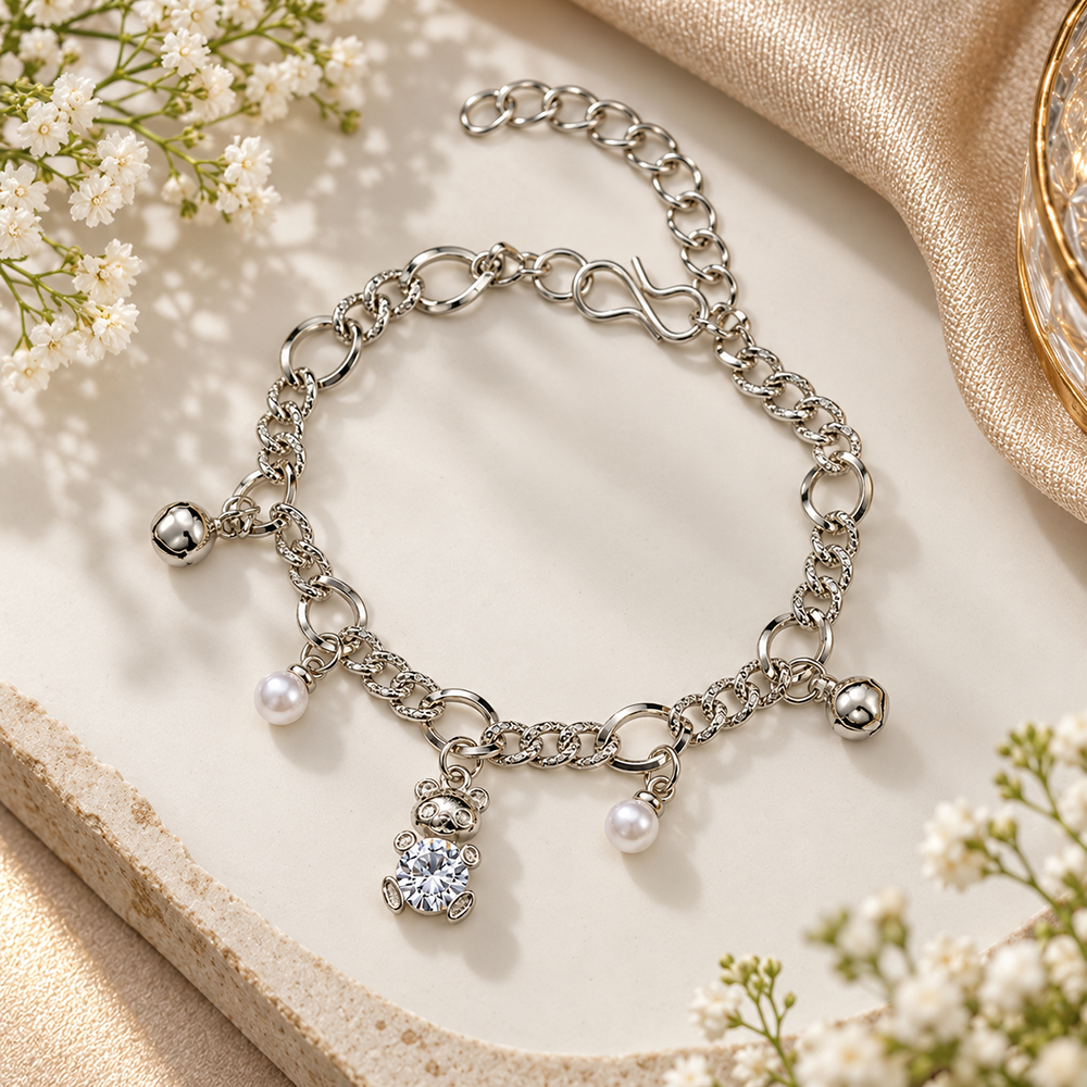 The99Jewel Fashionable Silver Plated With Teddy Shape Charm Bracelet with Pearl Drops