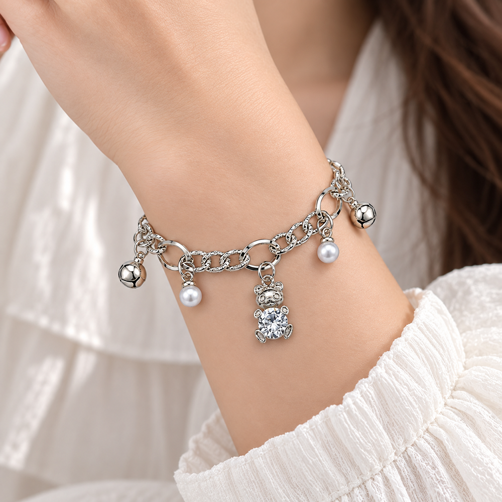 The99Jewel Fashionable Silver Plated With Teddy Shape Charm Bracelet with Pearl Drops