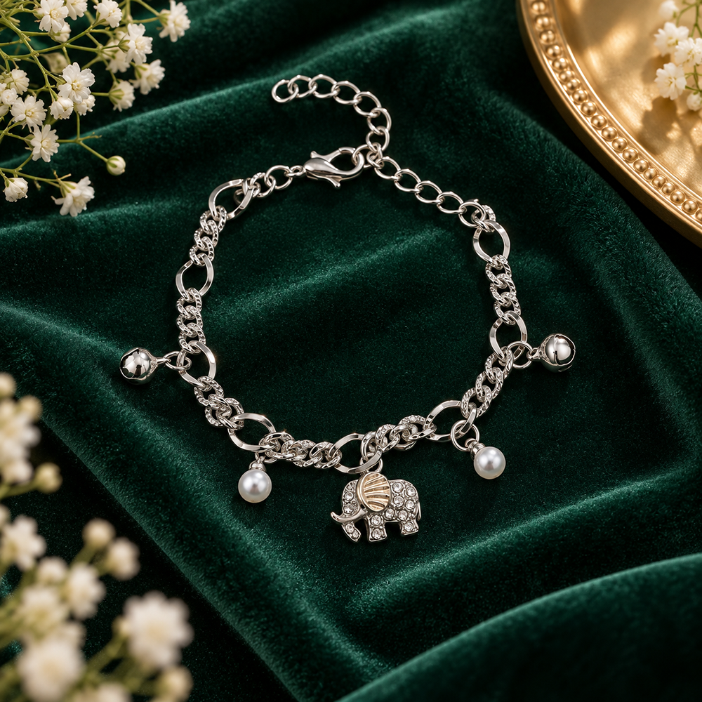 The99Jewel Fashionable Silver Plated With Elephant  Shape Charm Bracelet with Pearl Drops