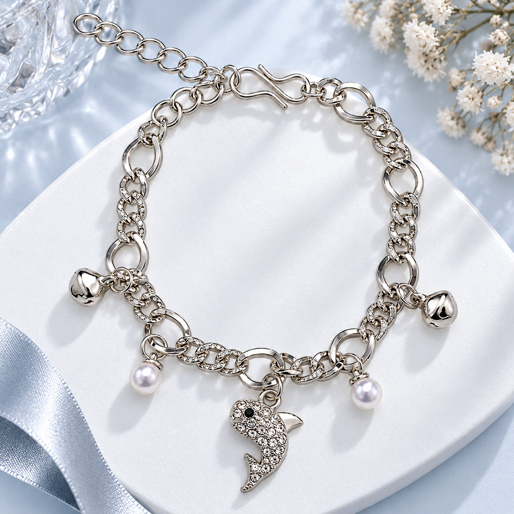 The99Jewel Fashionable Silver Plated With Fish Shape Charm Bracelet with Pearl Drops