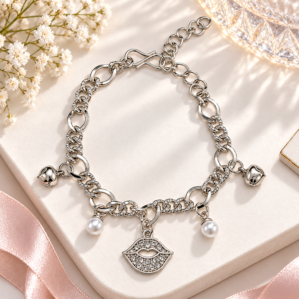The99Jewel Fashionable Silver Plated With Lips Shape Charm Bracelet with Pearl Drops