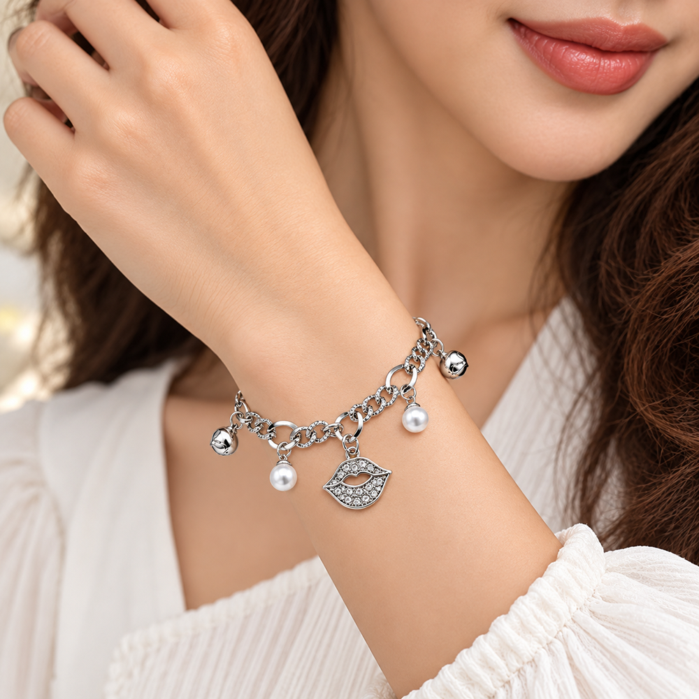 The99Jewel Fashionable Silver Plated With Lips Shape Charm Bracelet with Pearl Drops