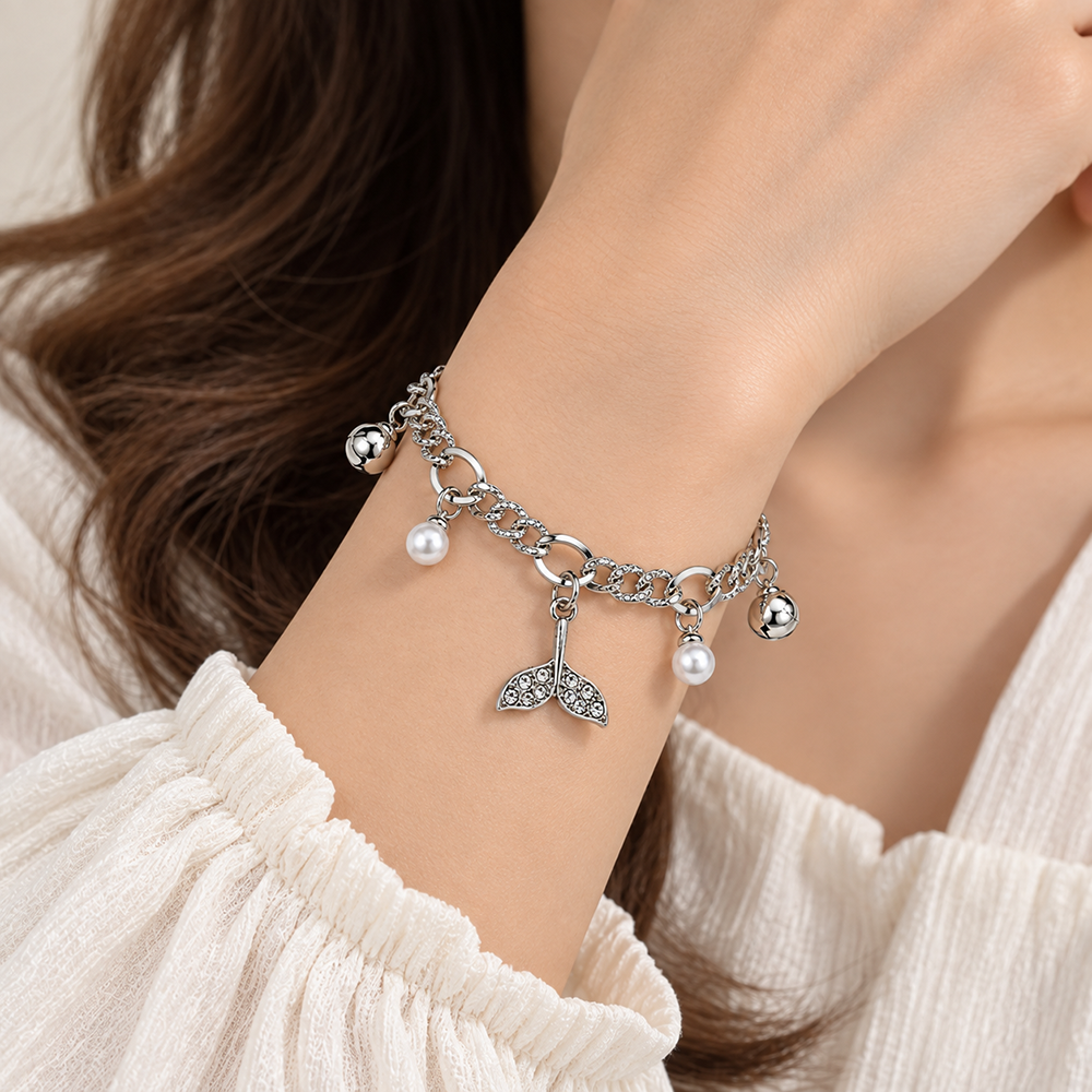 The99Jewel Fashionable Silver Plated With Plant Shape Charm Bracelet with Pearl Drops