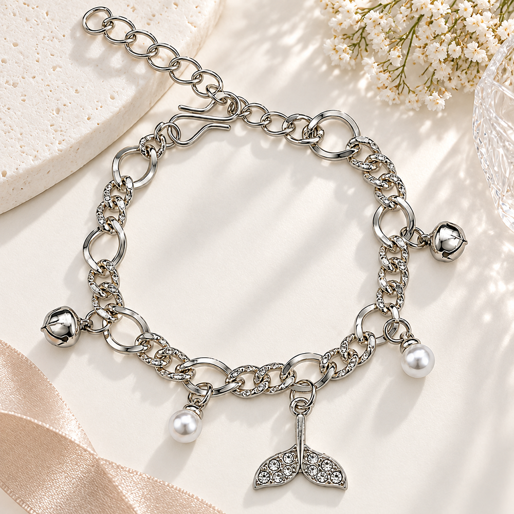 The99Jewel Fashionable Silver Plated With Plant Shape Charm Bracelet with Pearl Drops