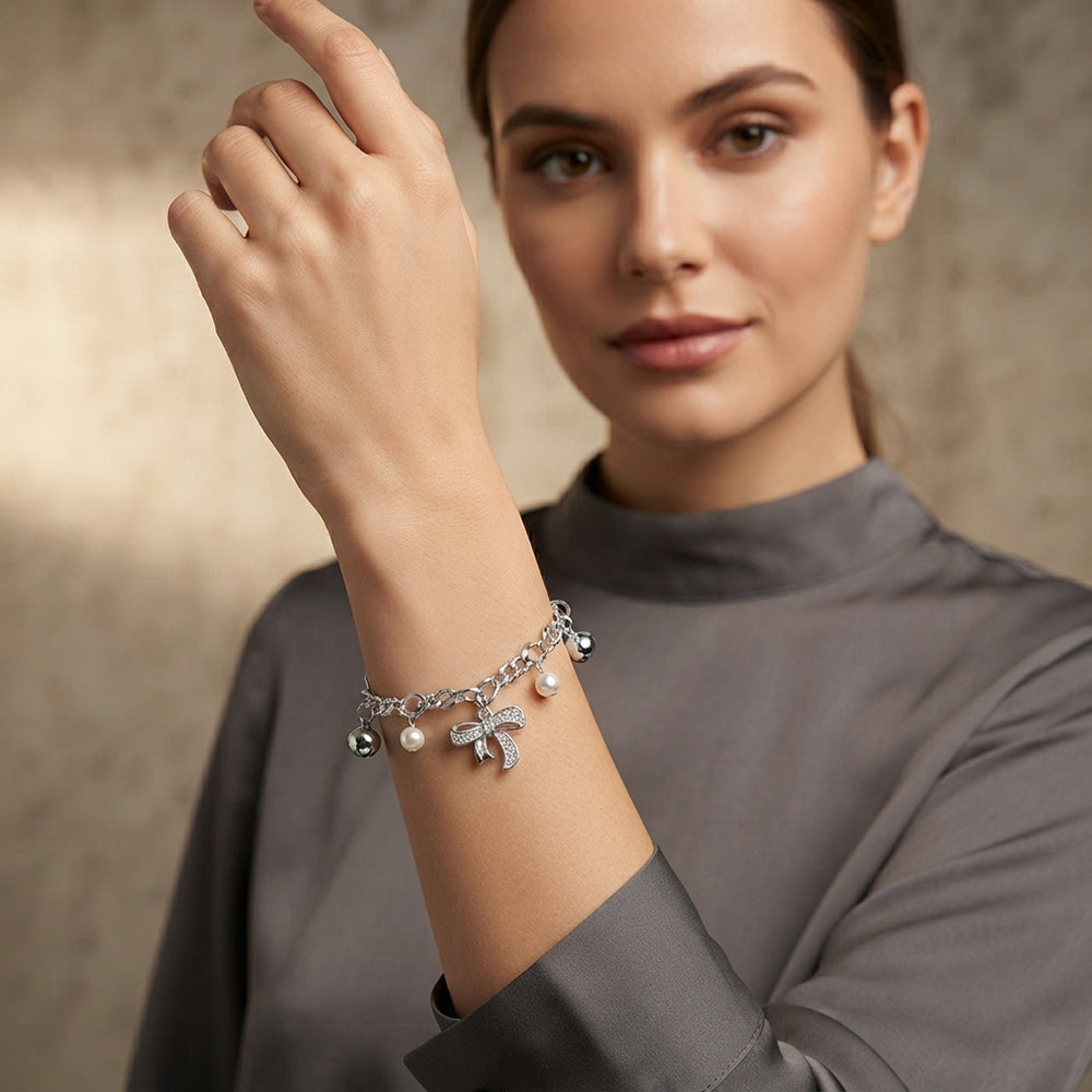 The99Jewel Fashionable Silver Plated With Bow Shape Charm Bracelet with Pearl Drops