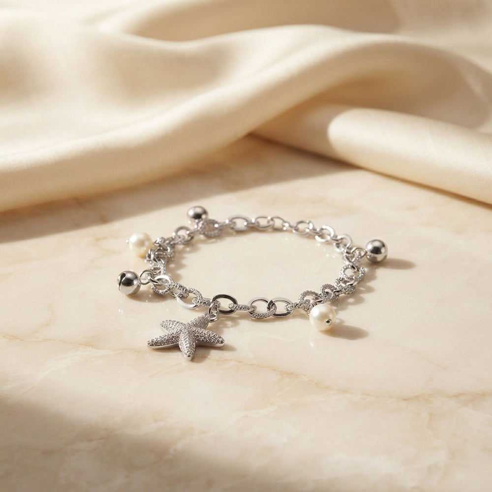 The99Jewel Fashionable Silver Plated With Star Fish Shape Charm Bracelet with Pearl Drops