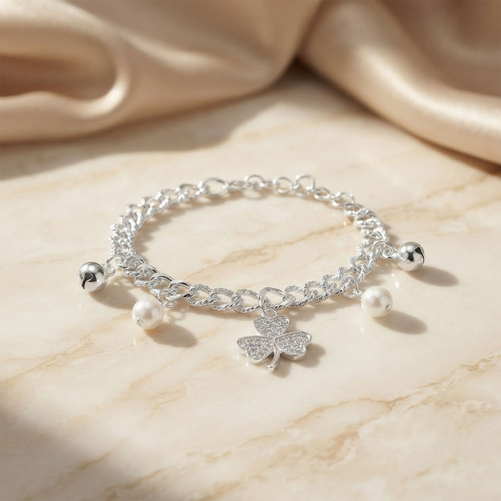 The99Jewel Fashionable Silver Plated With Clover Shape Charm Bracelet with Pearl Drops