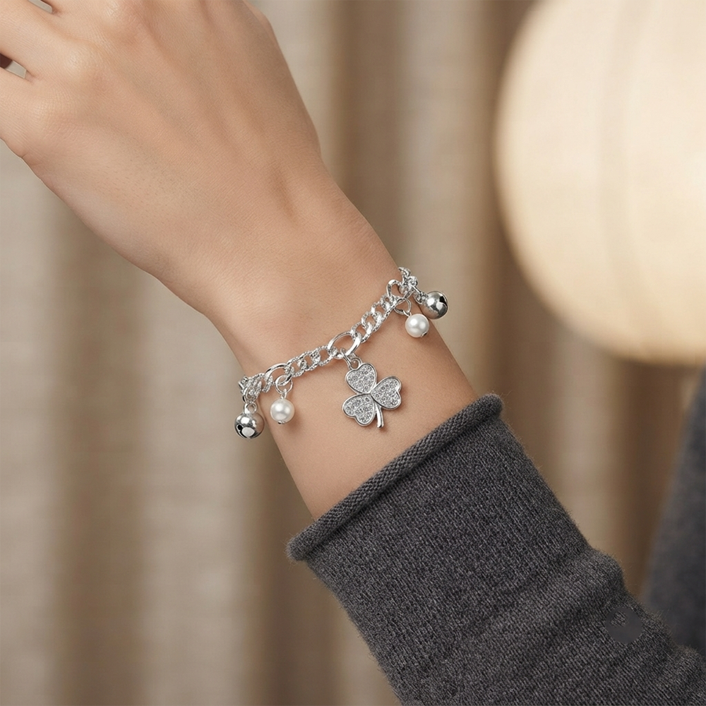 The99Jewel Fashionable Silver Plated With Clover Shape Charm Bracelet with Pearl Drops