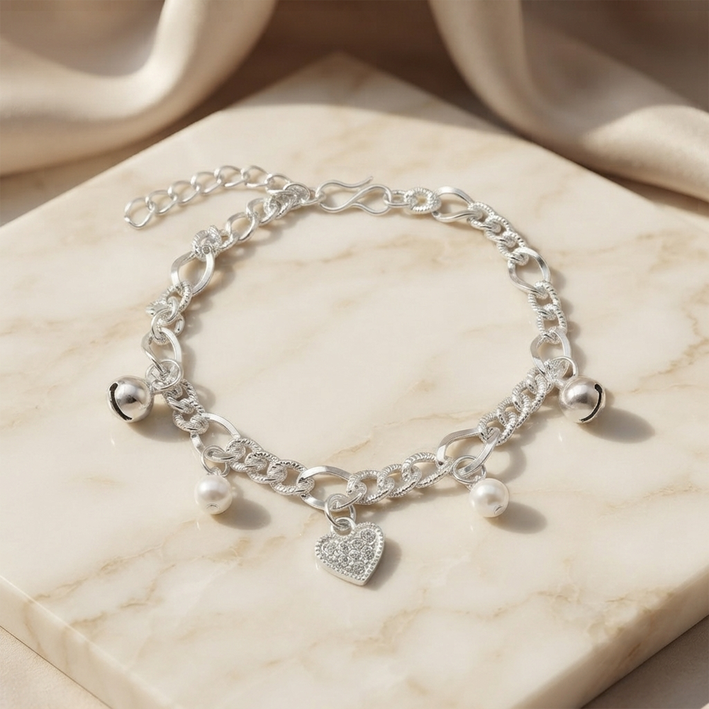 The99Jewel Fashionable Silver Plated With Heart Shape Charm Bracelet with Pearl Drops