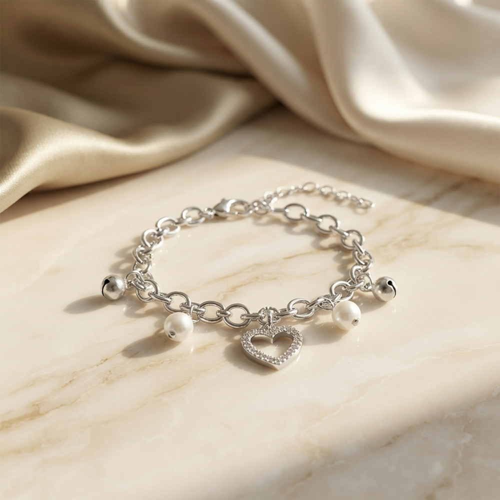 The99Jewel Fashionable Silver Plated With Heart Shape Charm Bracelet with Pearl Drops
