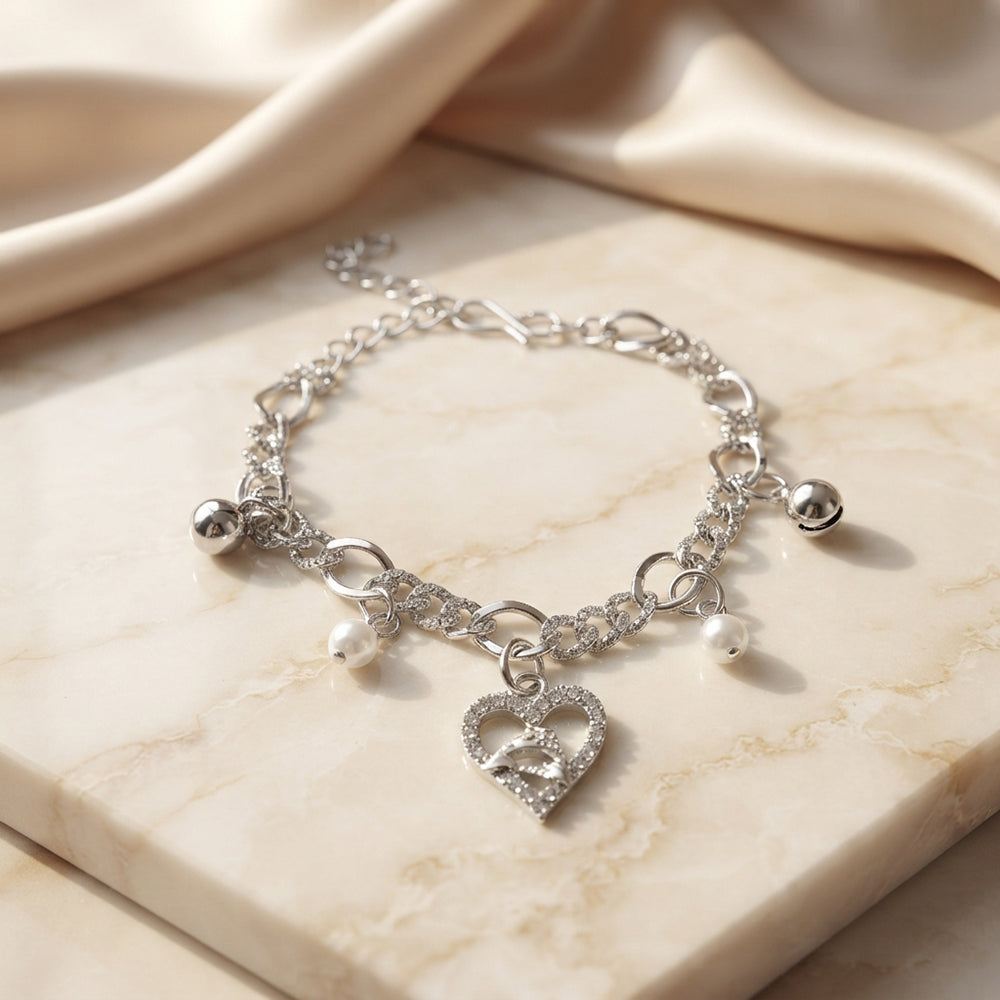 The99Jewel Fashionable Silver Plated With Heart Shape Charm Bracelet with Pearl Drops
