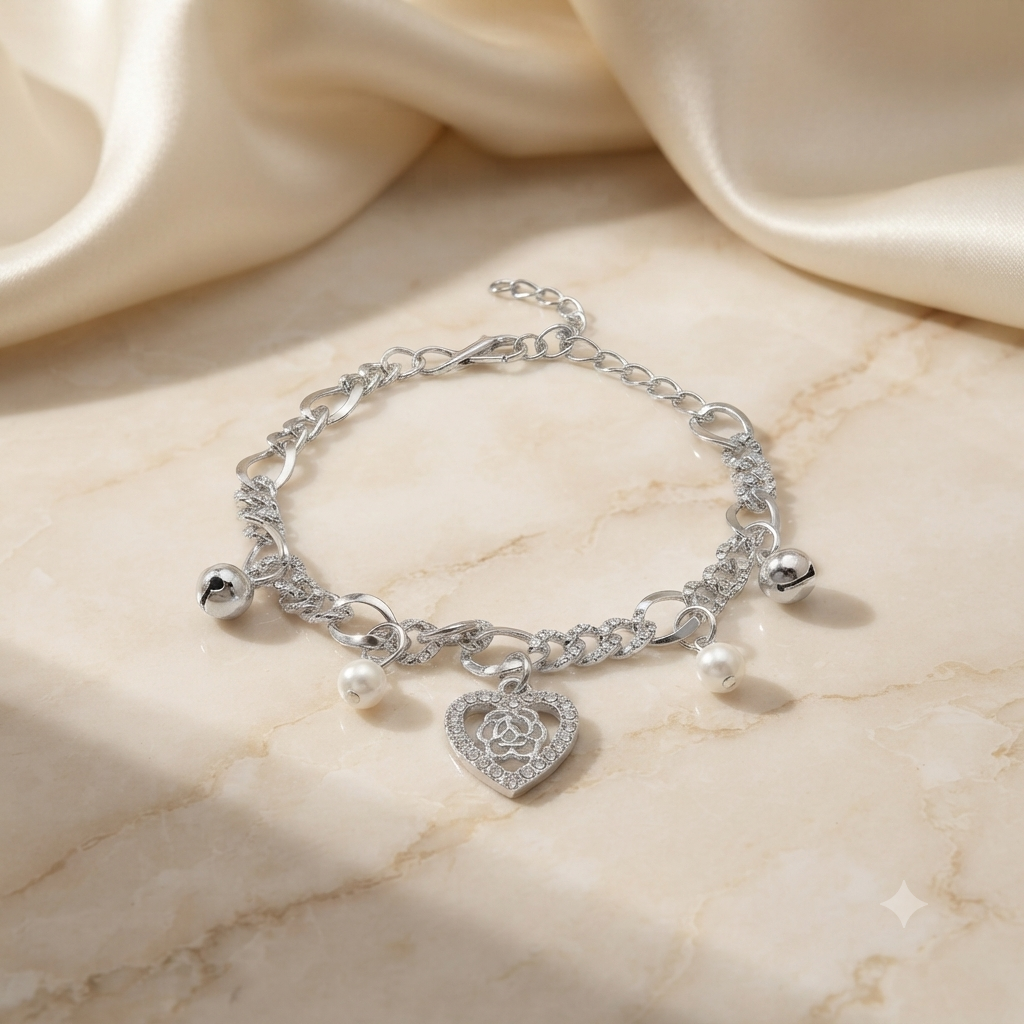 The99Jewel Fashionable Silver Plated With Heart Shape Charm Bracelet with Pearl Drops