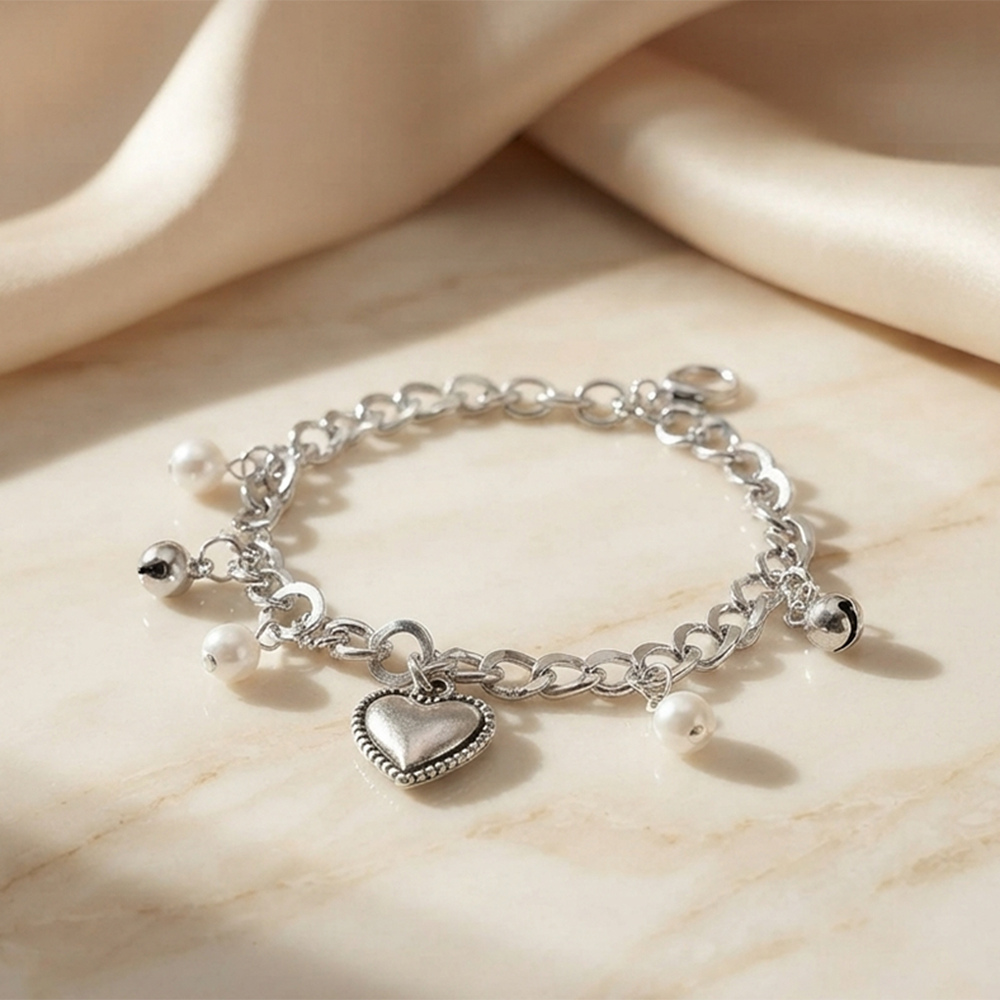 The99Jewel Fashionable Silver Plated With Heart Shape Charm Bracelet with Pearl Drops