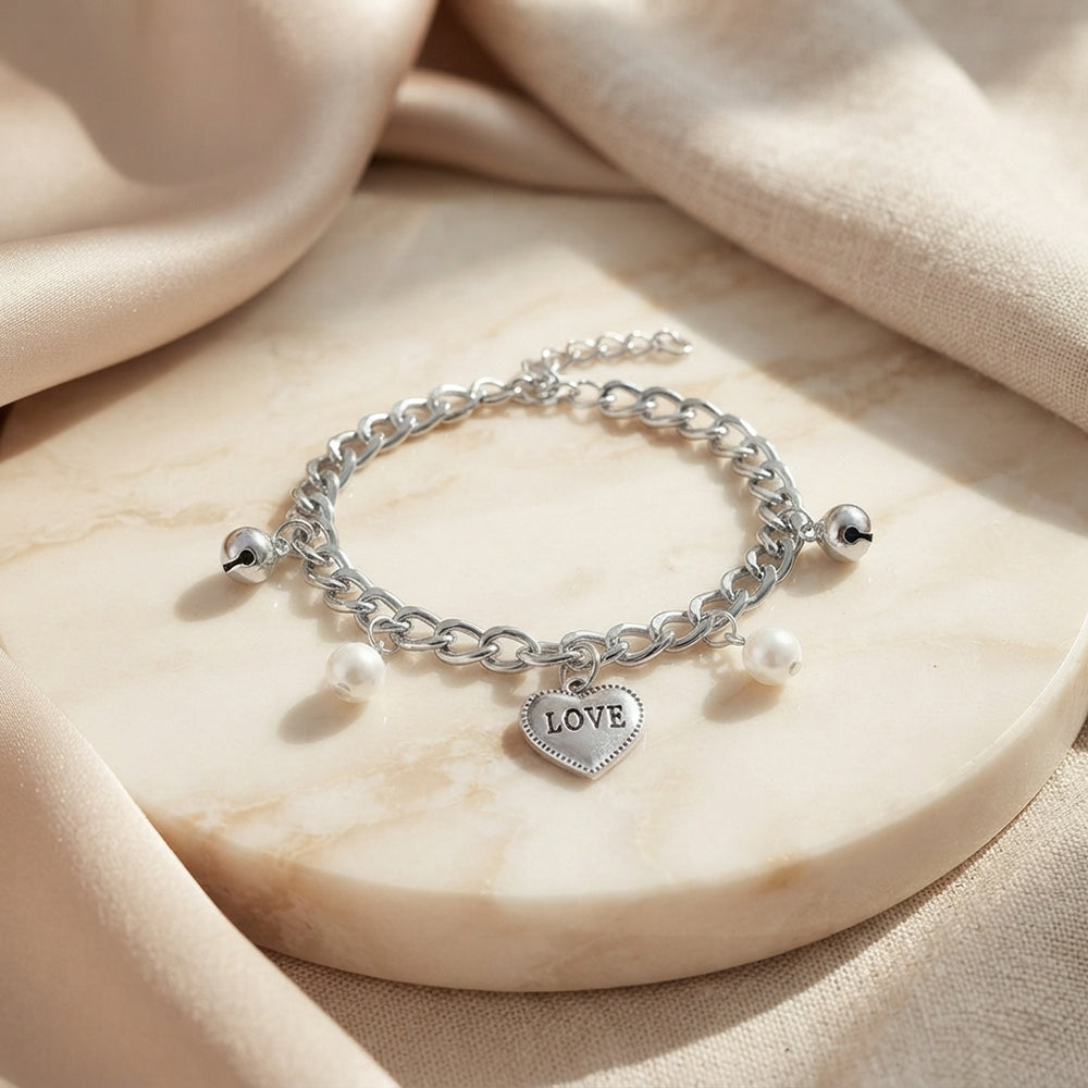 The99Jewel Fashionable Silver Plated With Heart Shape Charm Bracelet with Pearl Drops