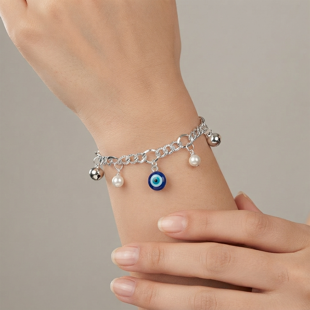 The99Jewel Fashionable Silver Plated With Evil Eye Shape Charm Bracelet with Pearl Drops