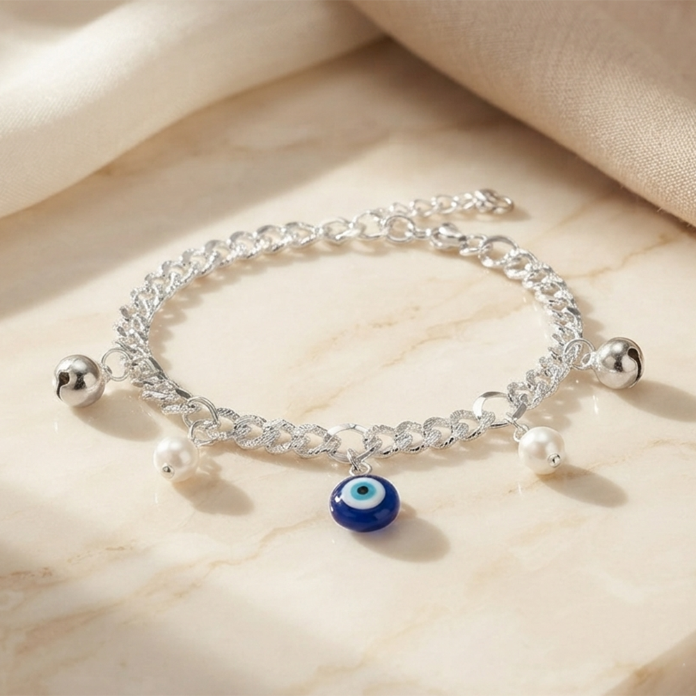 The99Jewel Fashionable Silver Plated With Evil Eye Shape Charm Bracelet with Pearl Drops