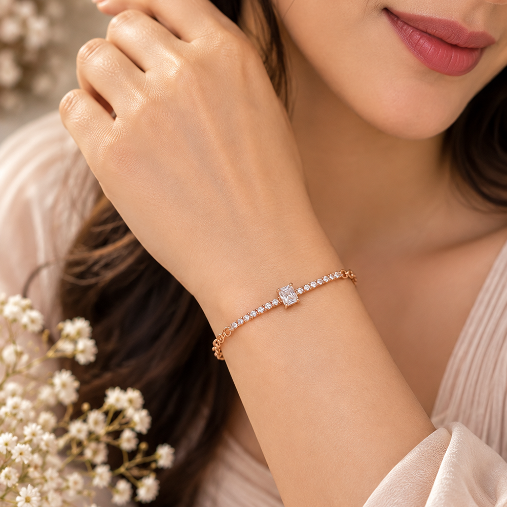 The99Jewel Everglow Rose Gold Plated Round Shape American Diamond  Bracelet for Women