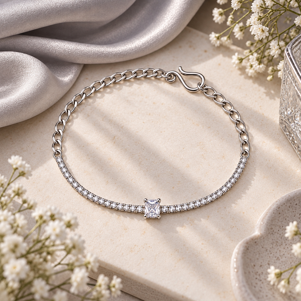 The99Jewel Everglow Silver Plated Rectangle Shape American Diamond Fashion Bracelet for Women