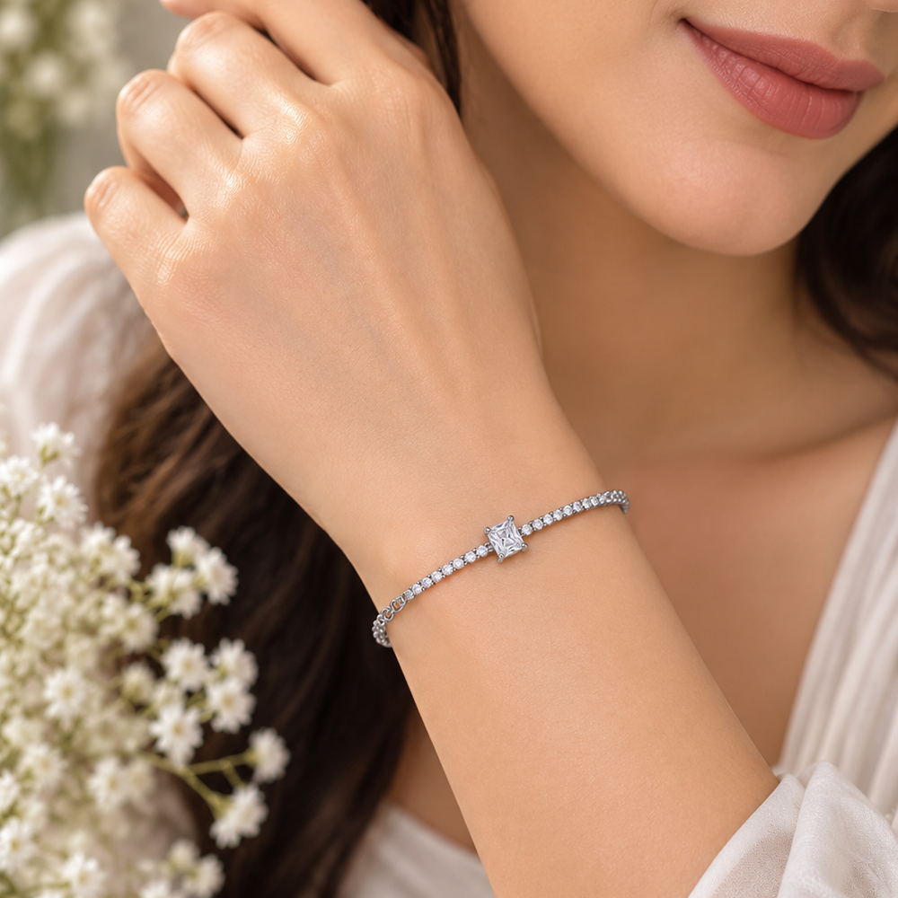 The99Jewel Everglow Silver Plated Rectangle Shape American Diamond Fashion Bracelet for Women