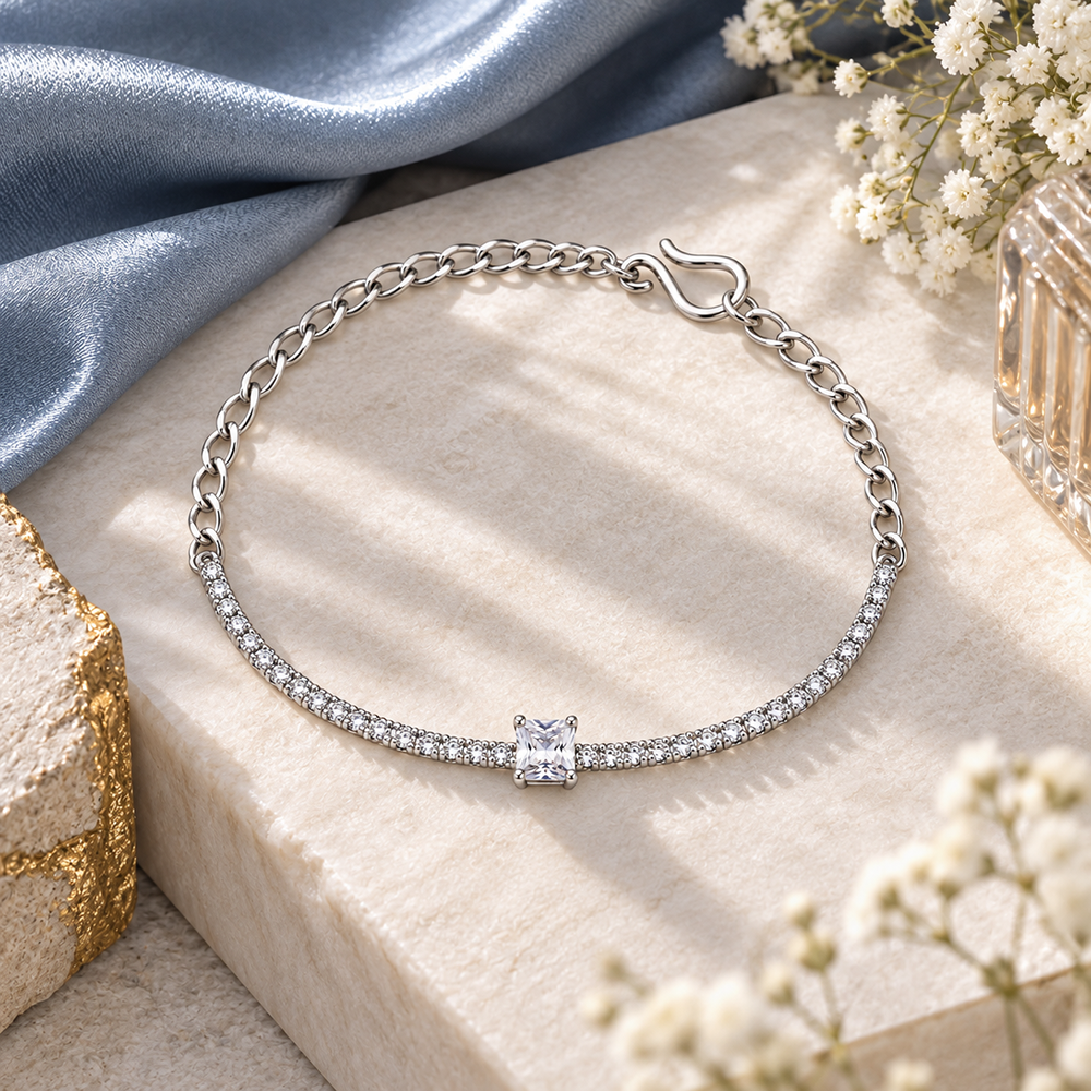 The99Jewel Everglow Silver Plated Square Shape American Diamond Fashion Bracelet for Women