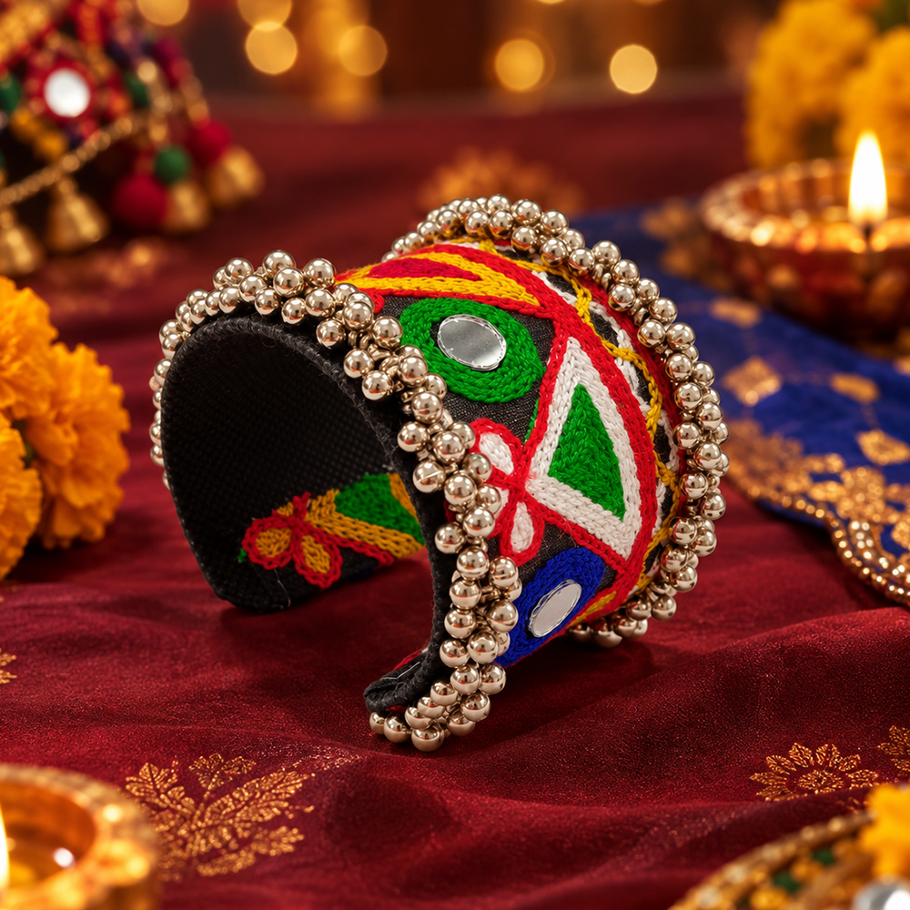 The99Jewel Traditional Cuff Kada Bracelet with Ghungroo beads and mirror work