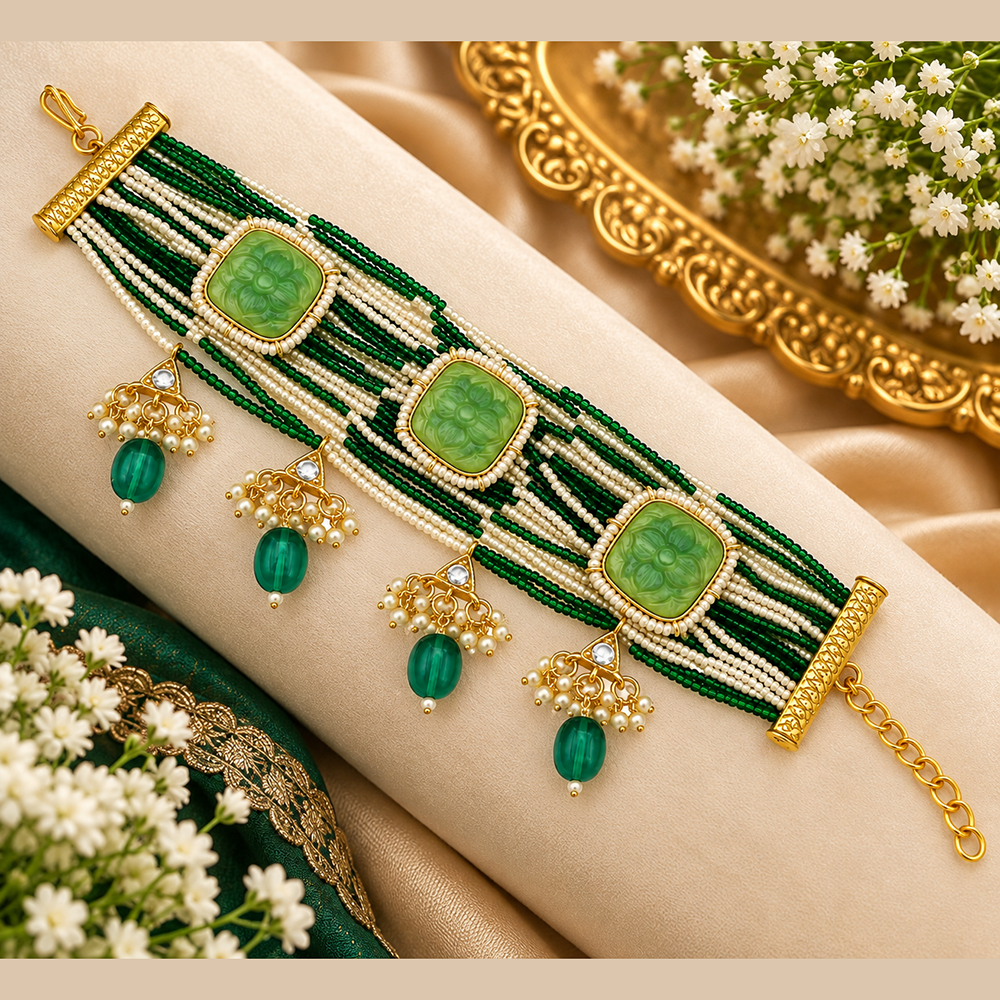 The99Jewel Green Beaded Pearl Bracelet with Floral Stone Accents For Women And Girls