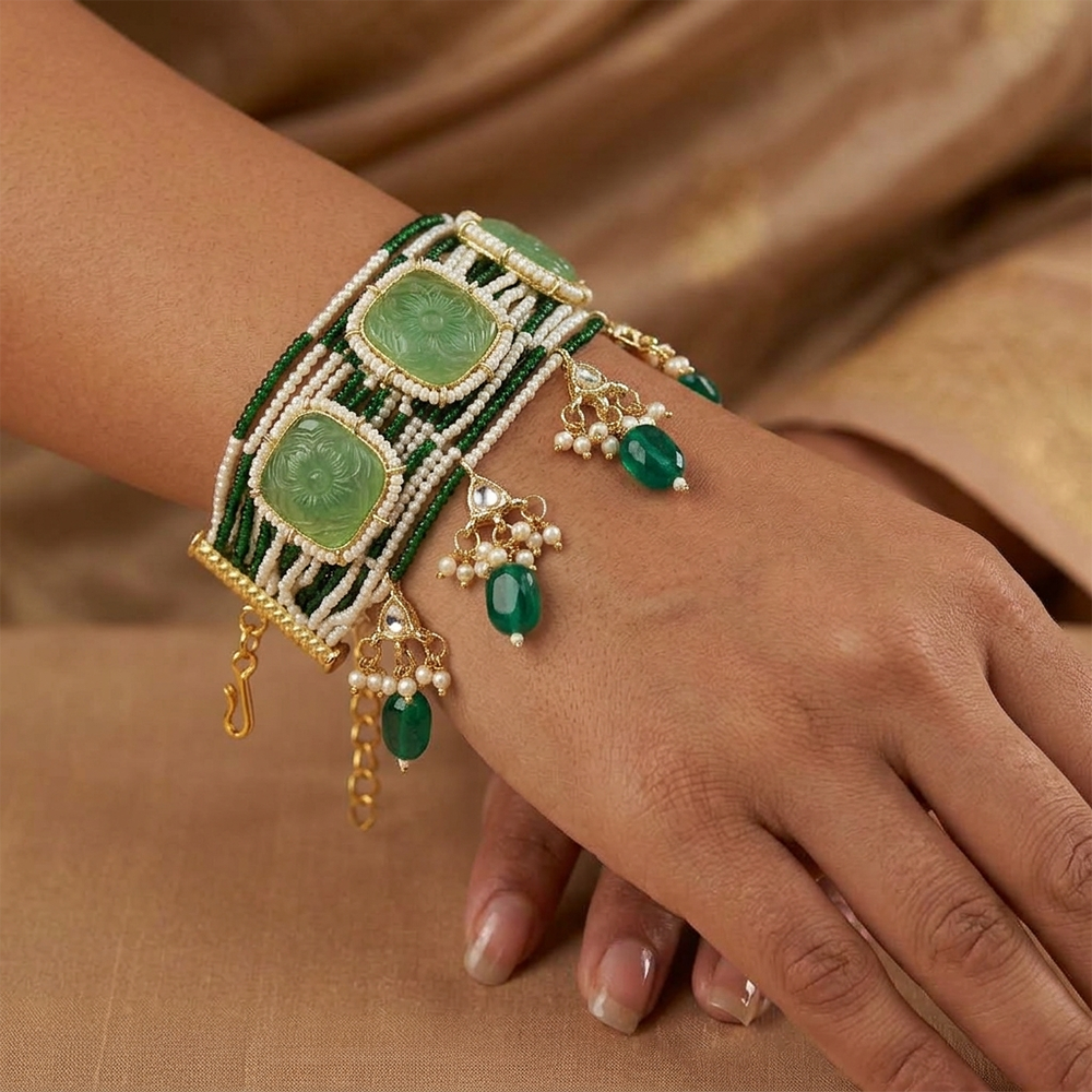 The99Jewel Green Beaded Pearl Bracelet with Floral Stone Accents For Women And Girls