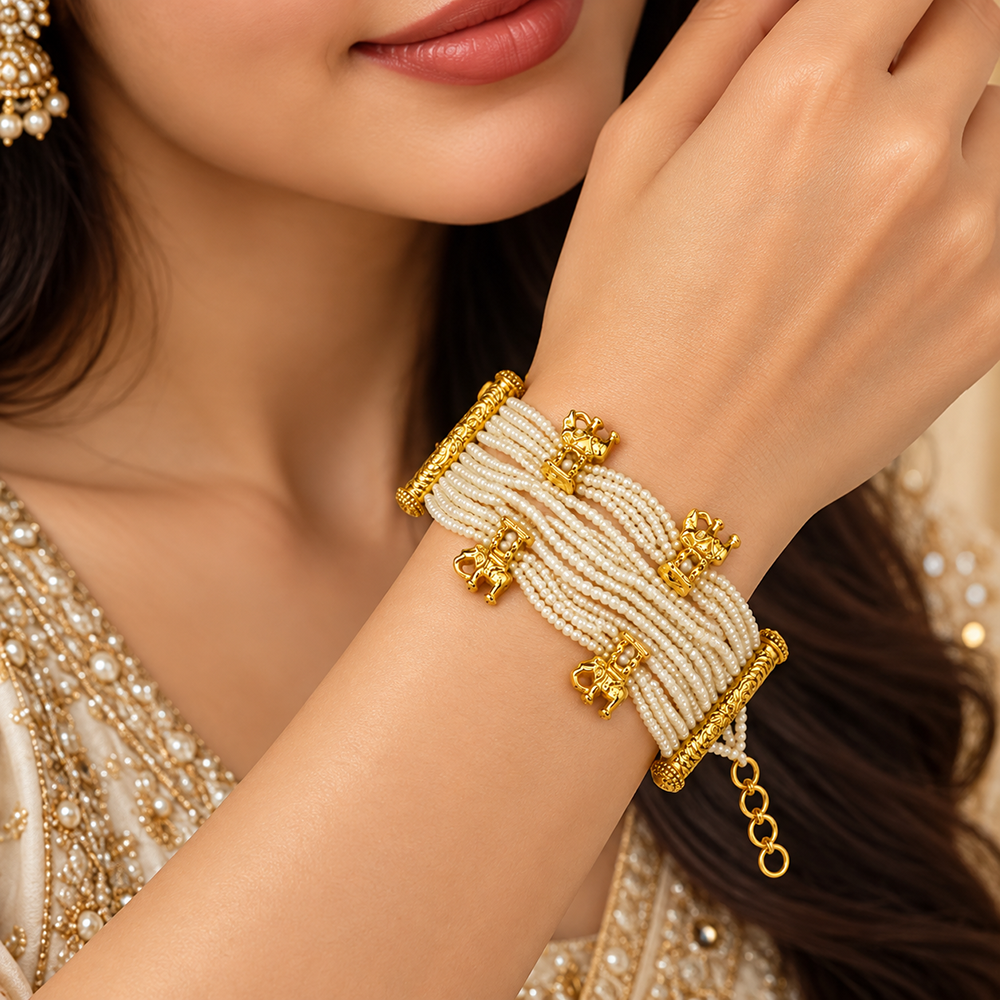 The99Jewel Pearl With Elephant Charm Designer Bracelet For Women And Girls