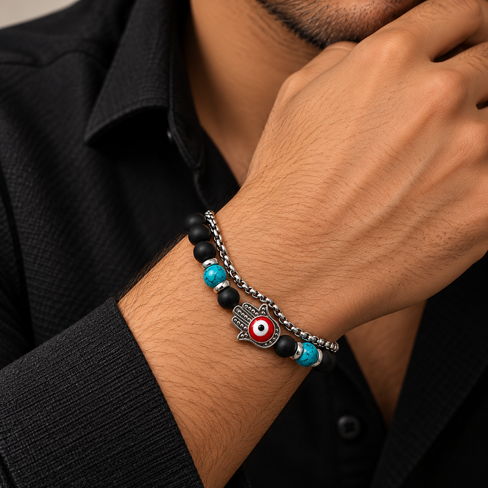 The99Jewel Stylish Black Matt Stone Beads Bracelet with Hamsa Charm for Men | Minimalist Fashion Jewellery for Everyday and Party Wear