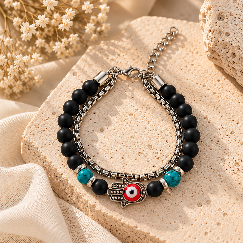 The99Jewel Stylish Black Matt Stone Beads Bracelet with Hamsa Charm for Men | Minimalist Fashion Jewellery for Everyday and Party Wear