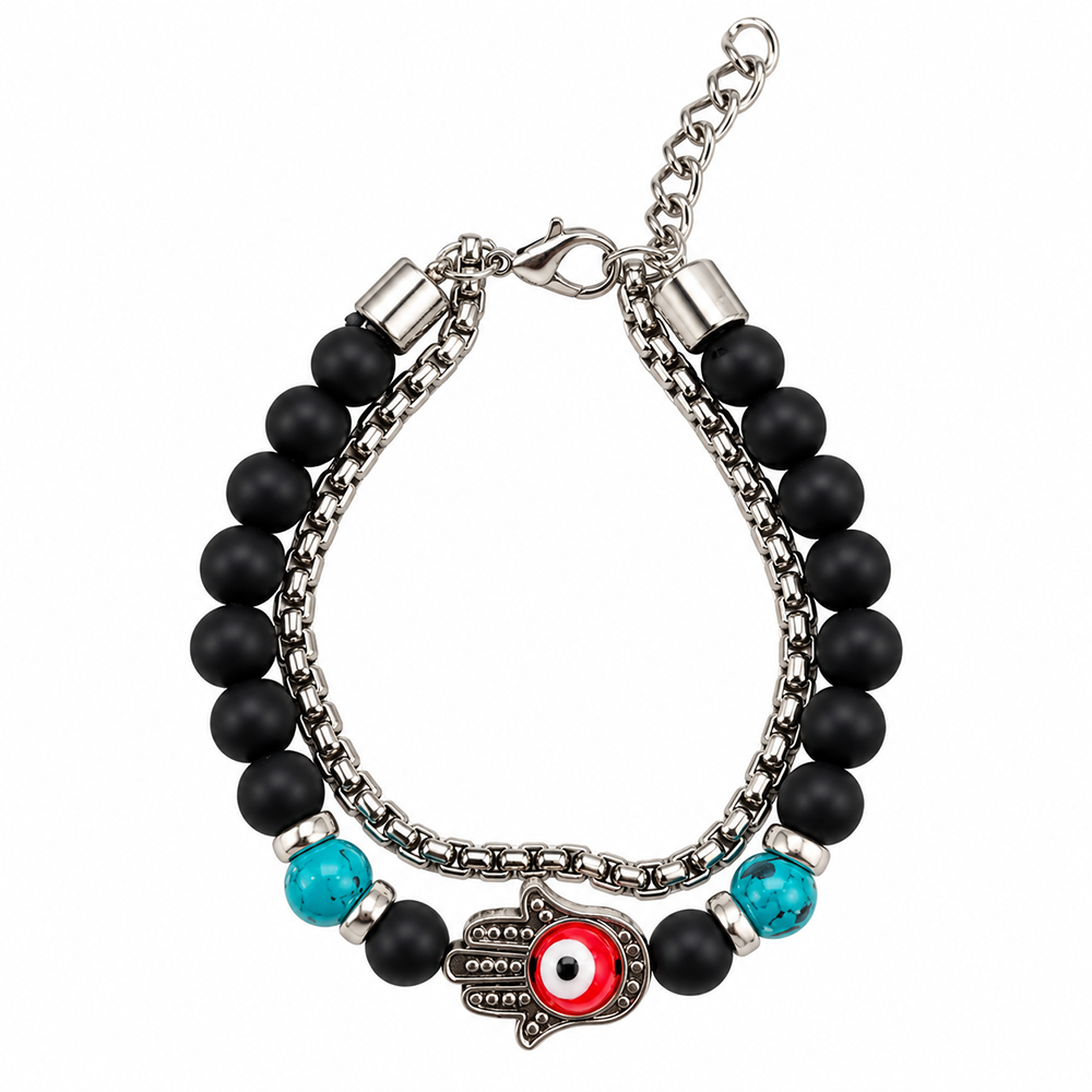 The99Jewel Stylish Black Matt Stone Beads Bracelet with Hamsa Charm for Men | Minimalist Fashion Jewellery for Everyday and Party Wear