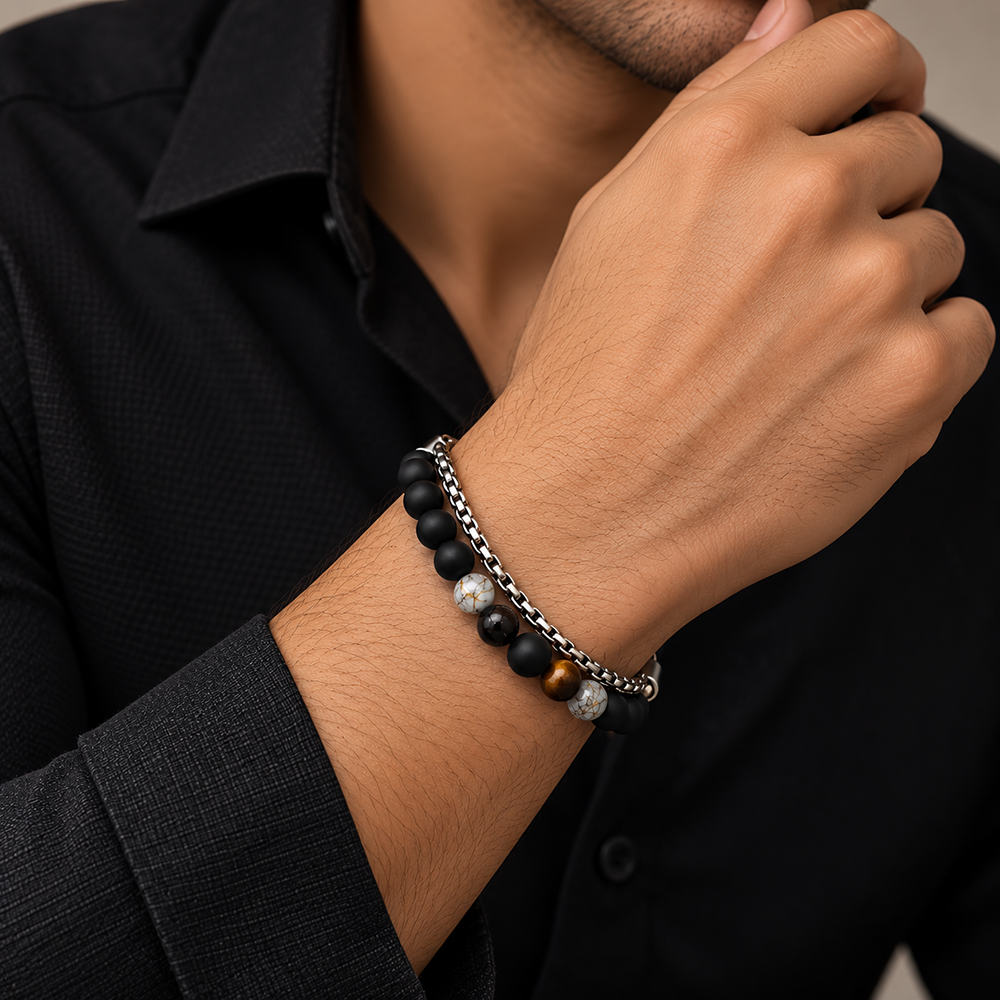 The99Jewel Stylish Black Matt Stone Beads Bracelet for Men | Minimalist Fashion Jewellery for Everyday and Party Wear