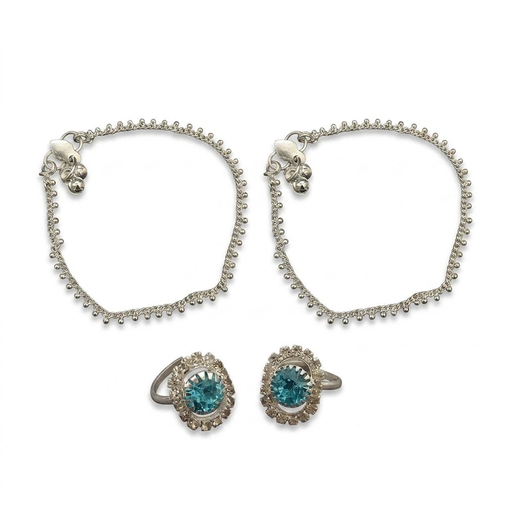 The99Jewel Silver-Toned Payal &  Adjustable Austrian  Toe Ring Combo Set for Women | Traditional Fashion Jewellery
