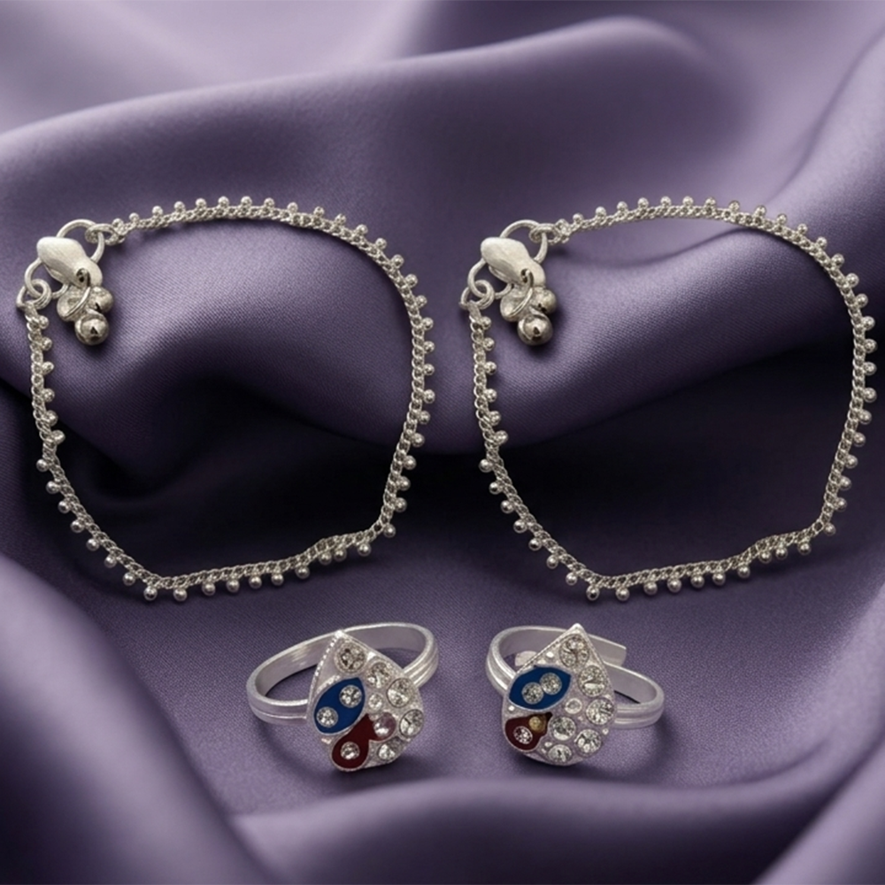The99Jewel Silver-Toned Payal &  Adjustable Austrian  Toe Ring Combo Set for Women | Traditional Fashion Jewellery