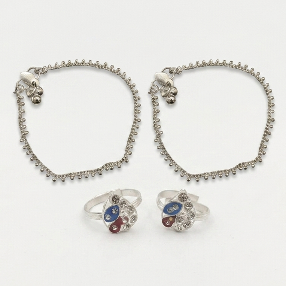 The99Jewel Silver-Toned Payal &  Adjustable Austrian  Toe Ring Combo Set for Women | Traditional Fashion Jewellery