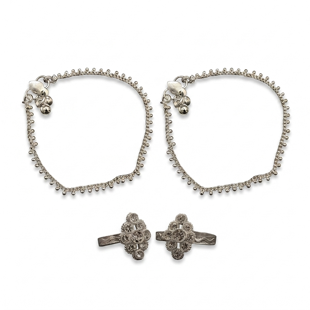 The99Jewel Silver-Toned Payal &  Adjustable Austrian  Toe Ring Combo Set for Women | Traditional Fashion Jewellery