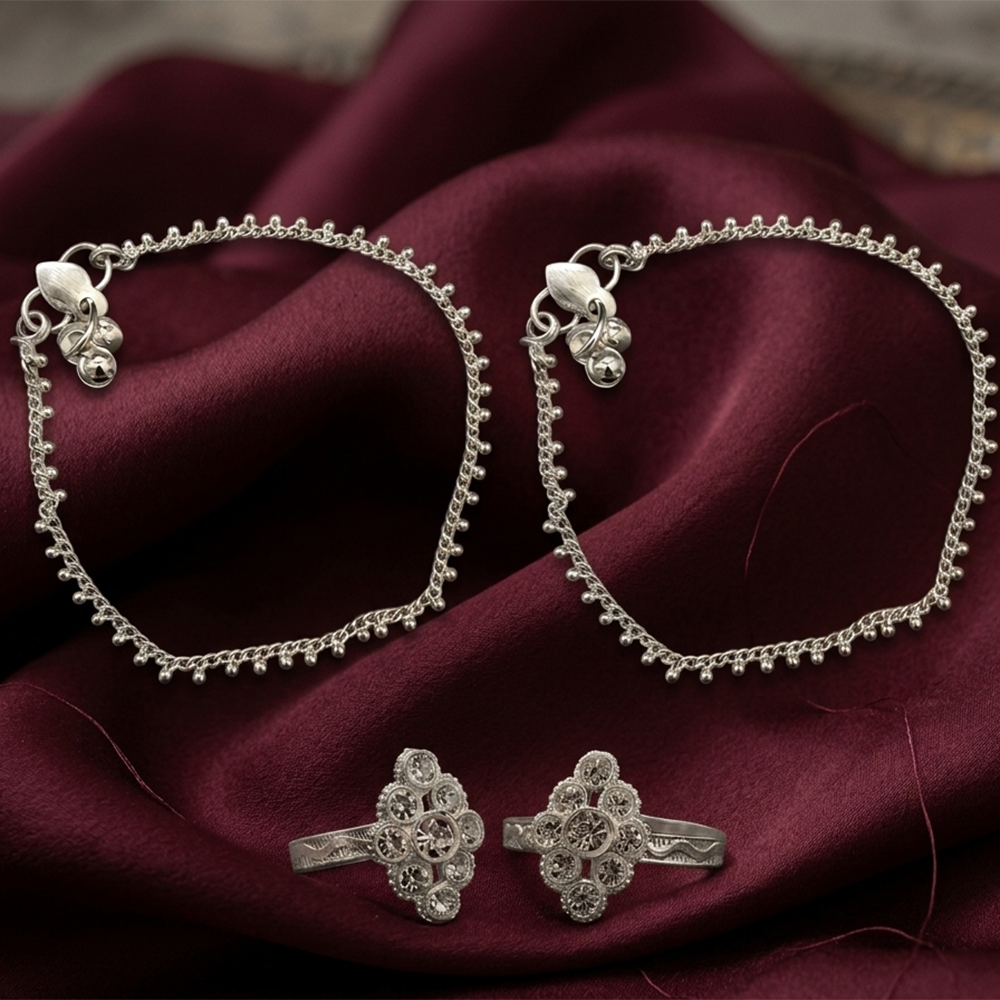 The99Jewel Silver-Toned Payal &  Adjustable Austrian  Toe Ring Combo Set for Women | Traditional Fashion Jewellery