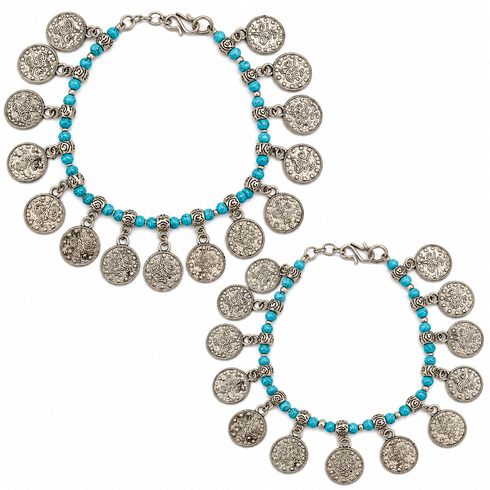 The99Jewel Women's Oxidised Payal Anklet with Coin-Shaped Charm | Traditional Ethnic Fashion Jewellery