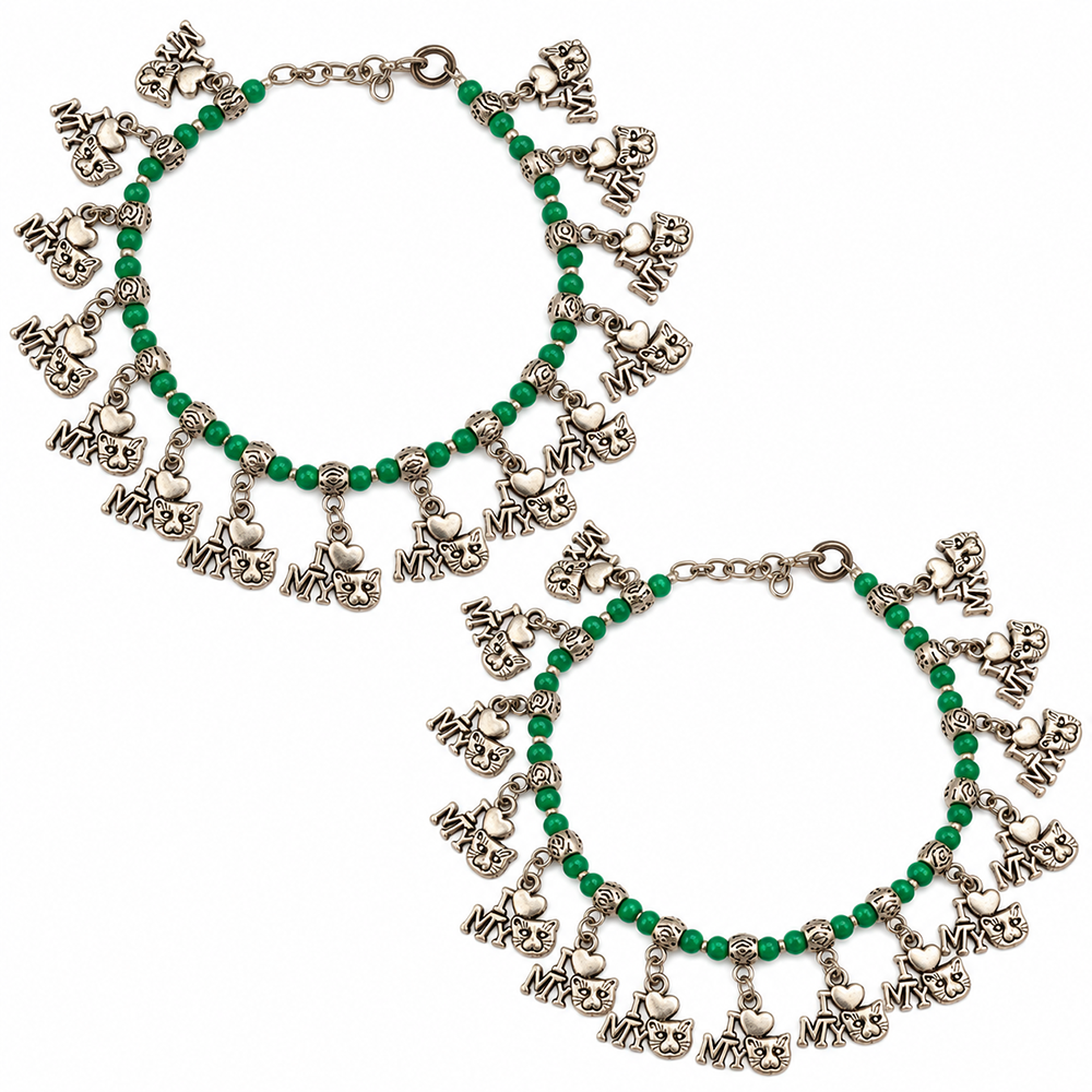 The99Jewel Women's Oxidised Payal Anklet with ' I Love My Cat '  -Shaped Charm | Traditional Ethnic Fashion Jewellery