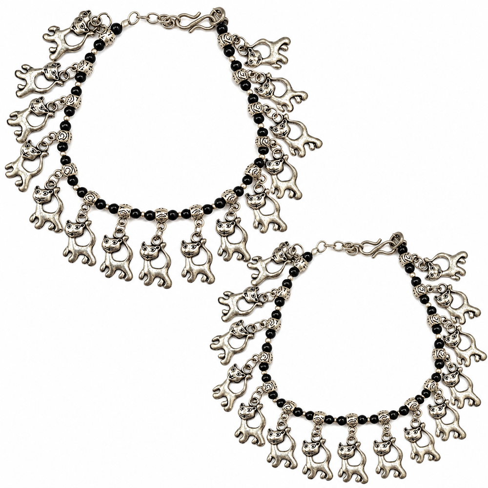 The99Jewel Women's Oxidised Payal Anklet with Cat-Shaped Charm | Traditional Ethnic Fashion Jewellery