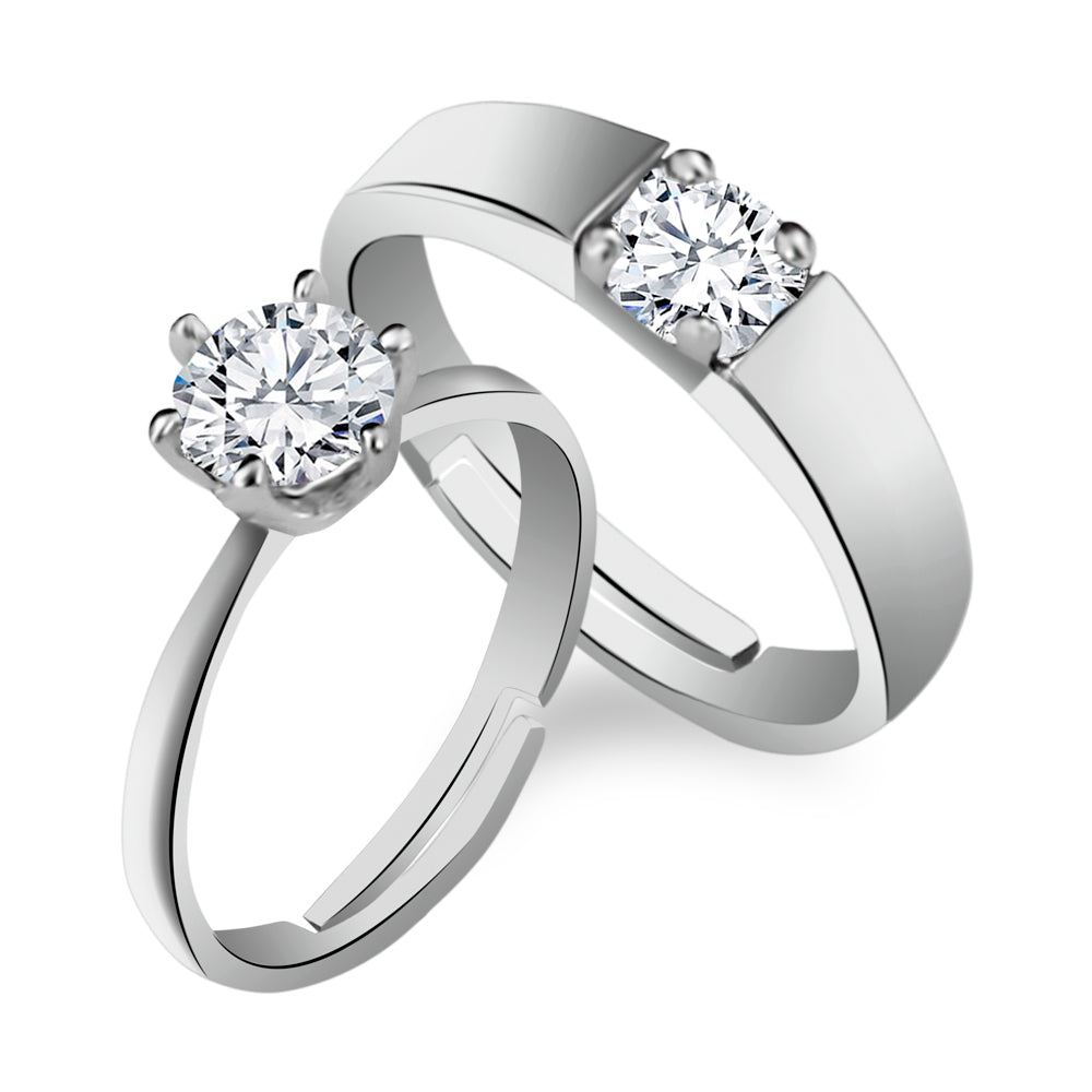 Rhodium Plated Solitaire Couple Ring Set With Crystal Stone