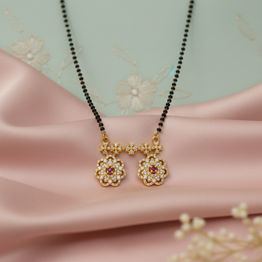 The99Jewel Designer Floral Motif Brass AD Mangalsutra with Black Beads
