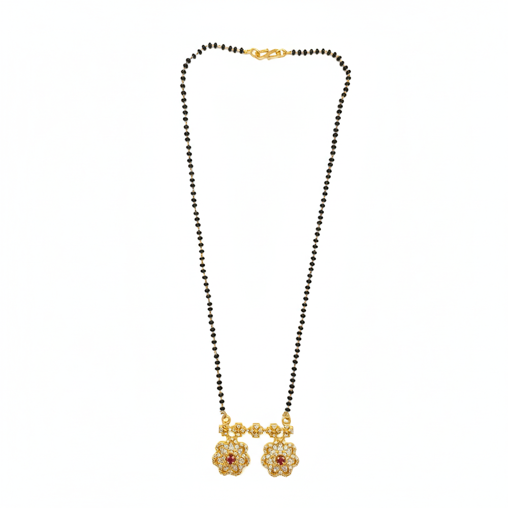 The99Jewel Designer Floral Motif Brass AD Mangalsutra with Black Beads