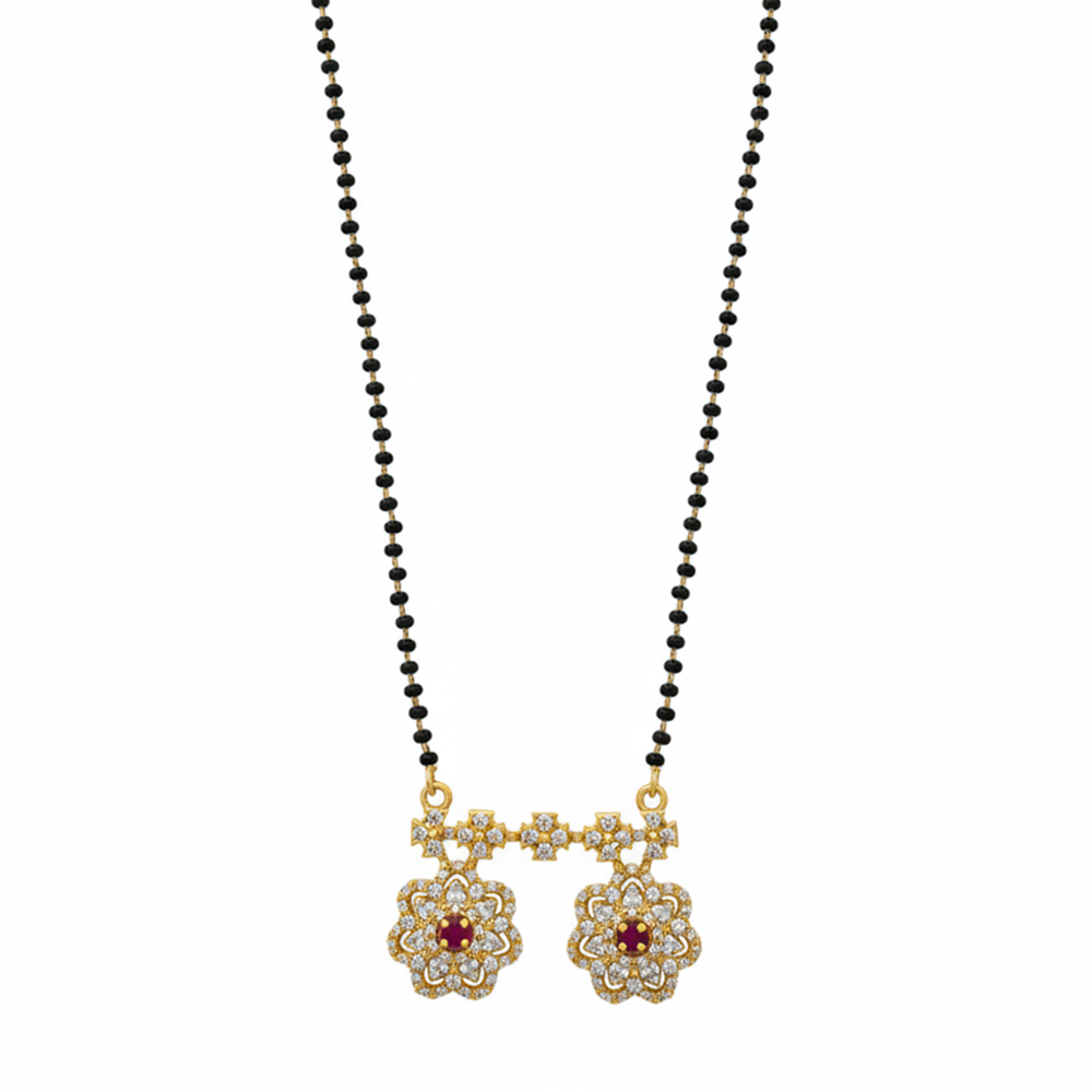 The99Jewel Designer Floral Motif Brass AD Mangalsutra with Black Beads