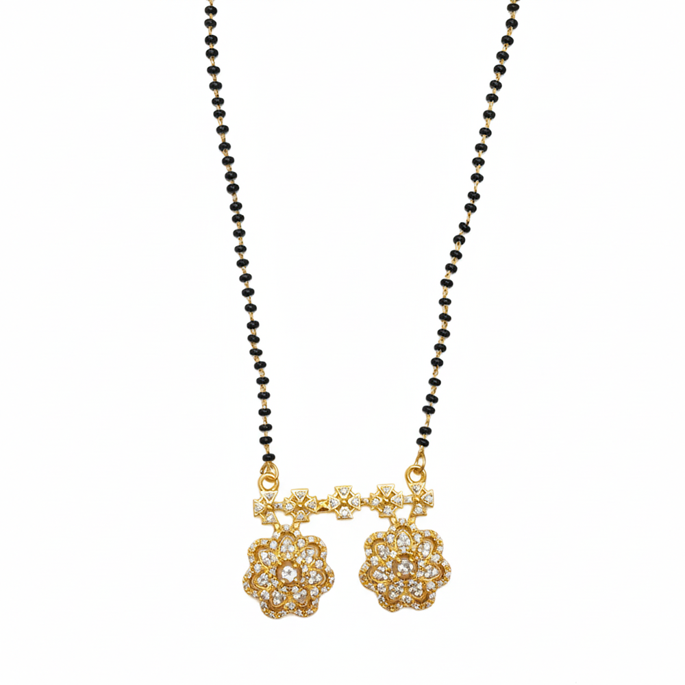 The99Jewel Designer Floral Motif Brass AD Mangalsutra with Black Beads