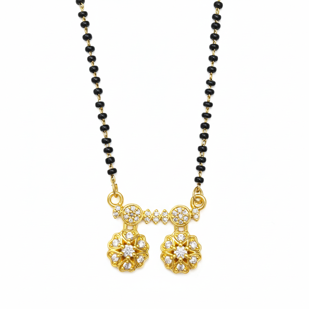 The99Jewel Designer Floral Motif Brass AD Mangalsutra with Black Beads