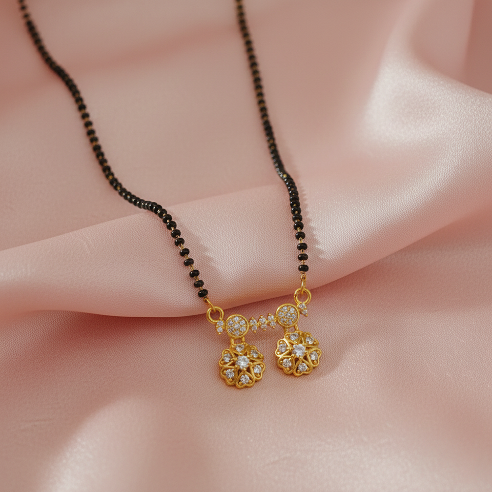 The99Jewel Designer Floral Motif Brass AD Mangalsutra with Black Beads
