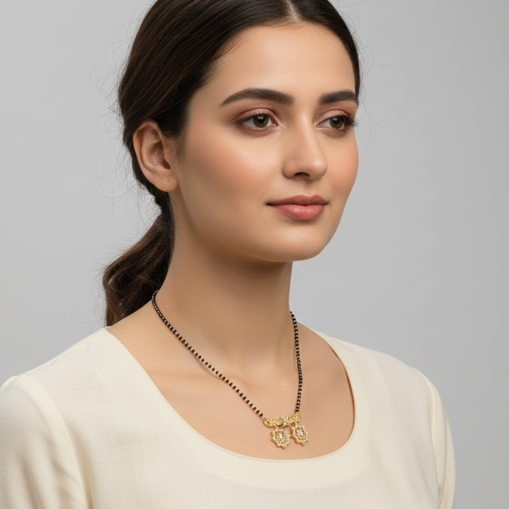 The99Jewel Delicate Black Beads Brass AD Mangalsutra with Gold Pendant
