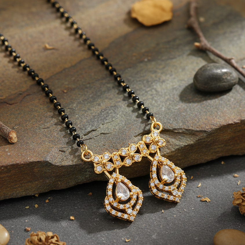 The99Jewel Modern Floral Brass AD Mangalsutra with Sparkling Stone