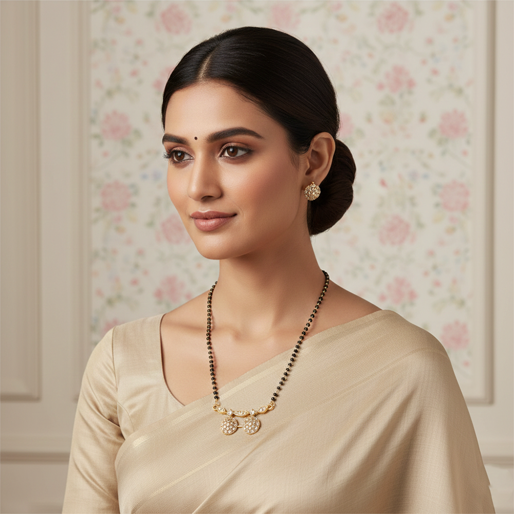 The99Jewel Modern Muse Floral Brass AD Mangalsutra with Traditional Black Beads